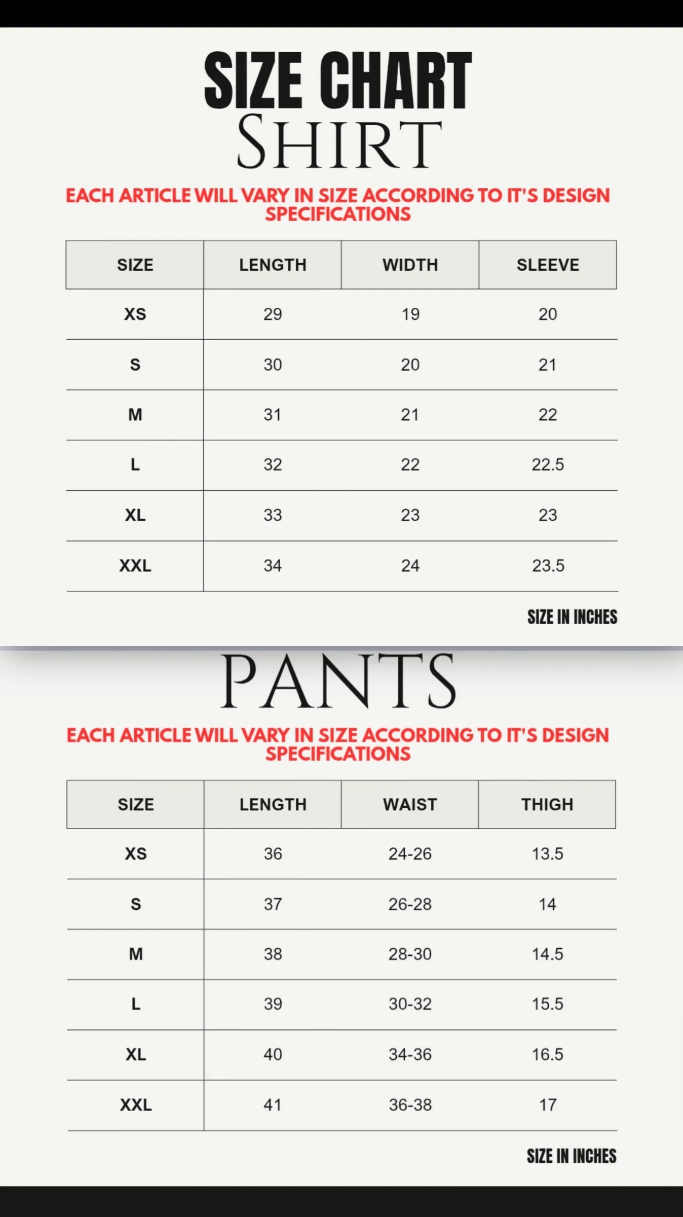Size Guide for MIRHA SET